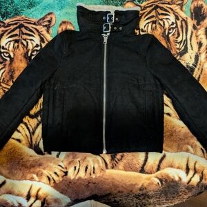 Black Hooded Jacket with Buckle Detail